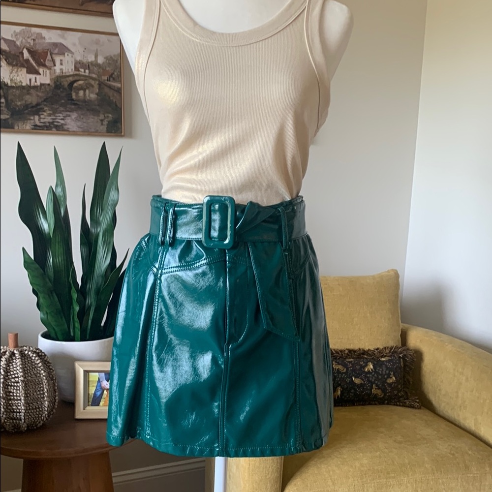 Green Belted Vinyl Mini Skirt